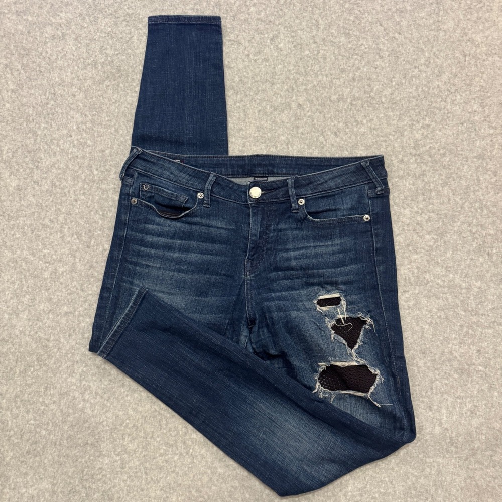 True Religion Halle Mid Rise Super Skinny Jeans Dark Wash Distressed 31 Womens
